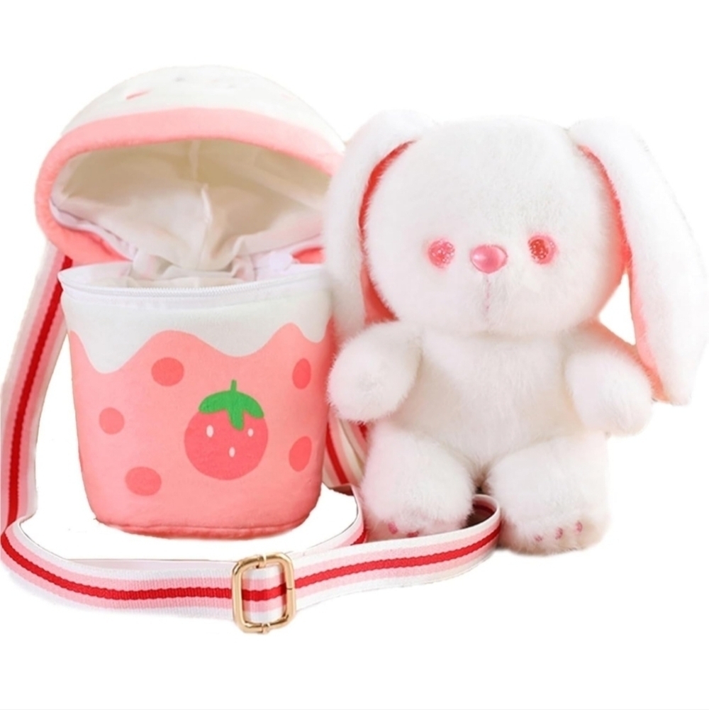Adorable White and Pink Bunny Plush Toy with Strawberry Bag Cute Rabbit Stuffed